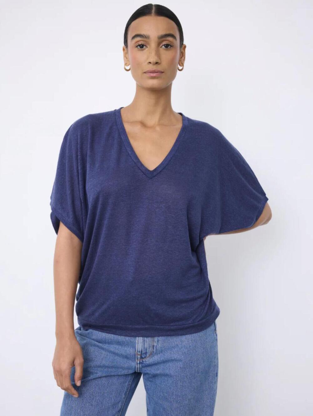 Notshy Cashmere 100% Linen Navy Jersey Sophia Short Sleeve Tee - Size - Large